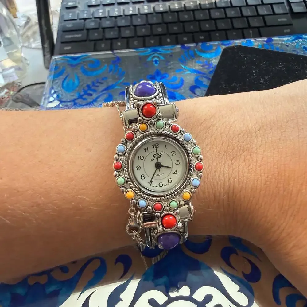 JB Cuff Watch Silver South West Style Colorful Stones